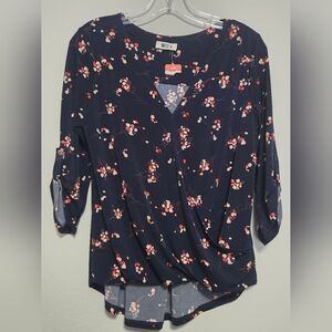 Navy Floral Blouse with 3/4 Sleeves